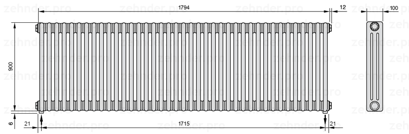 Схема (чертеж) Радиатор Zehnder Charleston 3090/39 №5310 Белый глянцевый RAL 9016